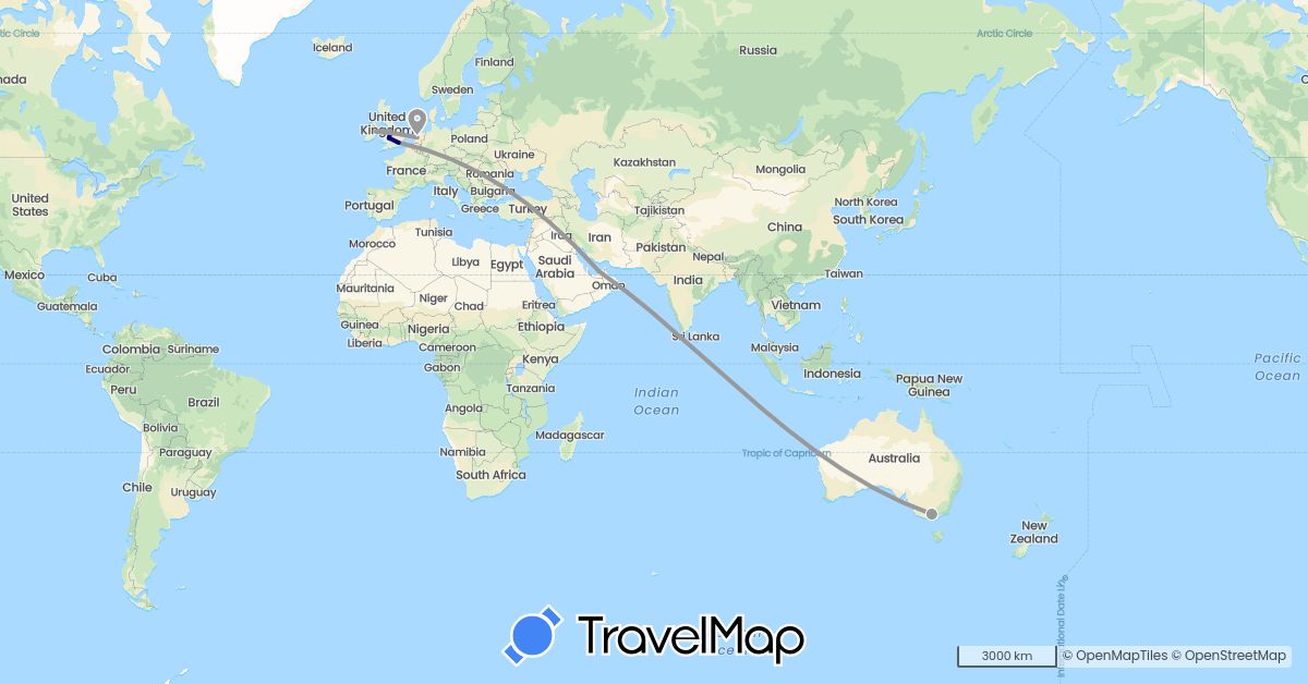 TravelMap itinerary: driving, plane in United Arab Emirates, Australia, United Kingdom, Ireland, Netherlands (Asia, Europe, Oceania)