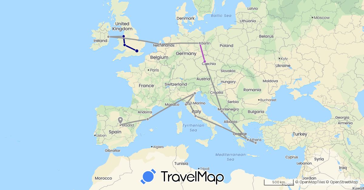 TravelMap itinerary: driving, plane, train in Czech Republic, Germany, Spain, United Kingdom, Greece, Croatia, Ireland, Italy, Netherlands (Europe)